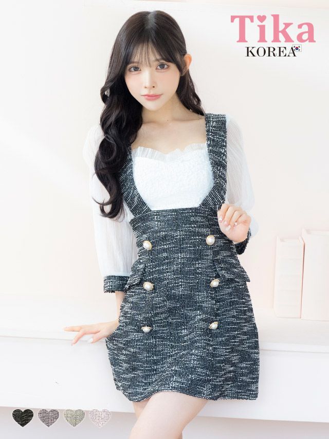 メイン画像 キャバドレス 韓国 ミニドレス サロペット ガーリー ツイード シフォン 袖あり 七分袖 Aライン ワンピース キャバドレス (緩苺着用) [tk-mdkj-058d]