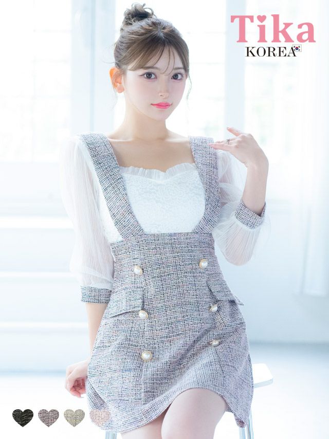 メイン画像 キャバドレス 韓国 ミニドレス サロペット ガーリー ツイード シフォン 袖あり 七分袖 Aライン ワンピース キャバドレス (黒崎みさ着用) [tk-mdkj-058e]