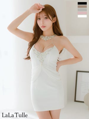[Angel-R/エンジェルアール] 高級 ビジューホルターネック バストコード 谷間魅せ パールチェーン セクシー タイトミニドレス (らむ着用)