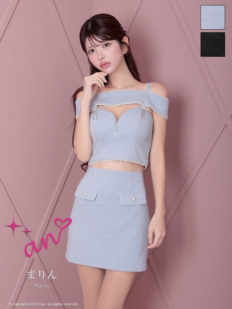 キャバドレス an アン オフショルダー フレアミニドレス　バストカット　ジップ セットアップ リボン