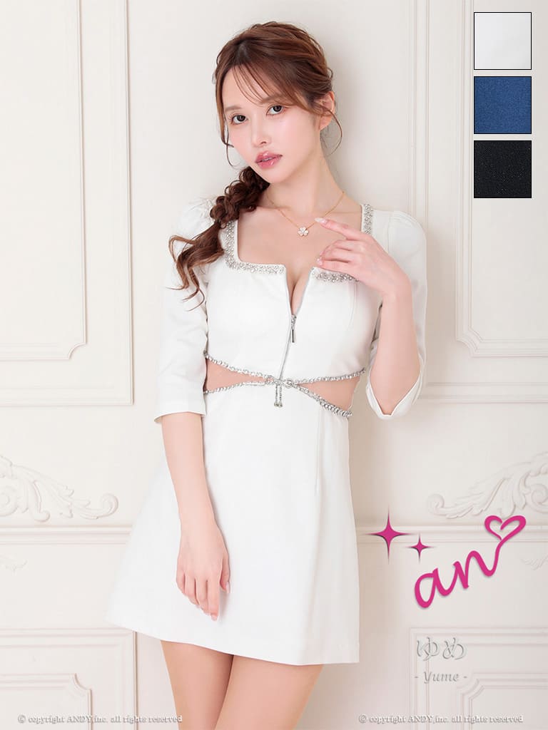キャバドレス an アン 袖あり フレアミニドレス　バストカット ジップ くびれ リボン