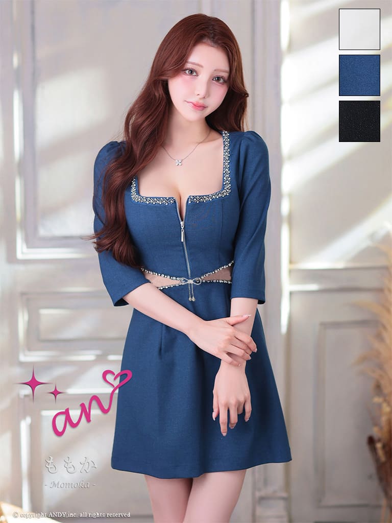 キャバドレス an アン 袖あり フレアミニドレス　バストカット ジップ くびれ リボン