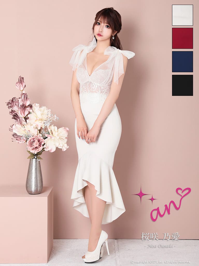 キャバドレス an アン ノースリーブ 膝丈ドレス　バストカット　レース リボン