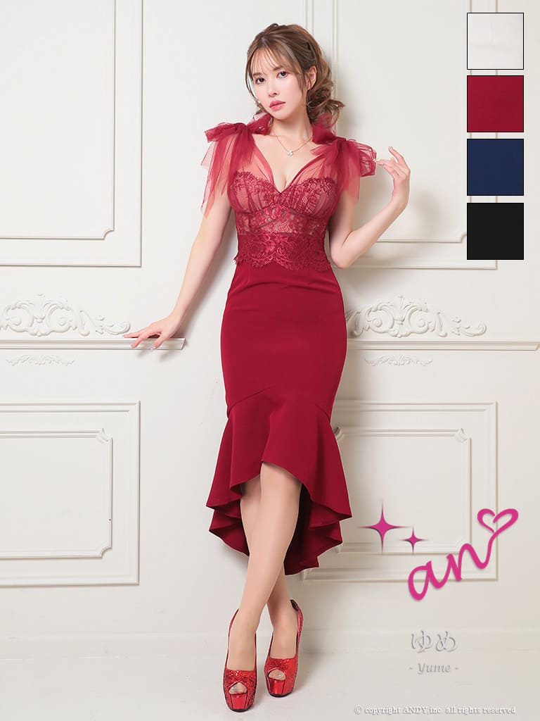 キャバドレス an アン ノースリーブ 膝丈ドレス　バストカット　レース リボン