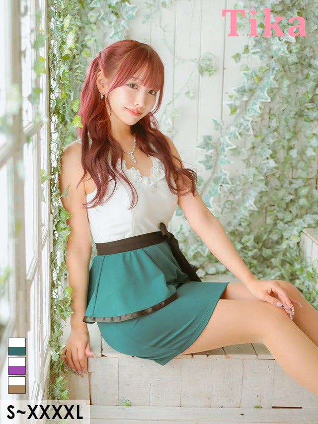 キャバドレス ミニ丈 キャバクラ 大きいサイズ ミニドレス タイト ペプラム 体型カバー バイカラー