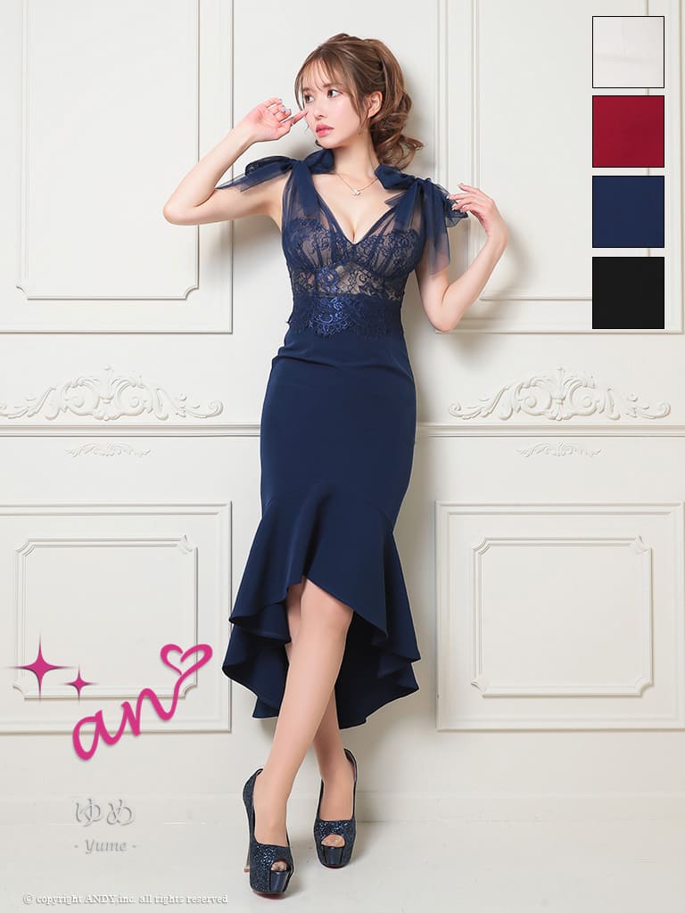 キャバドレス an アン ノースリーブ 膝丈ドレス　バストカット　レース リボン