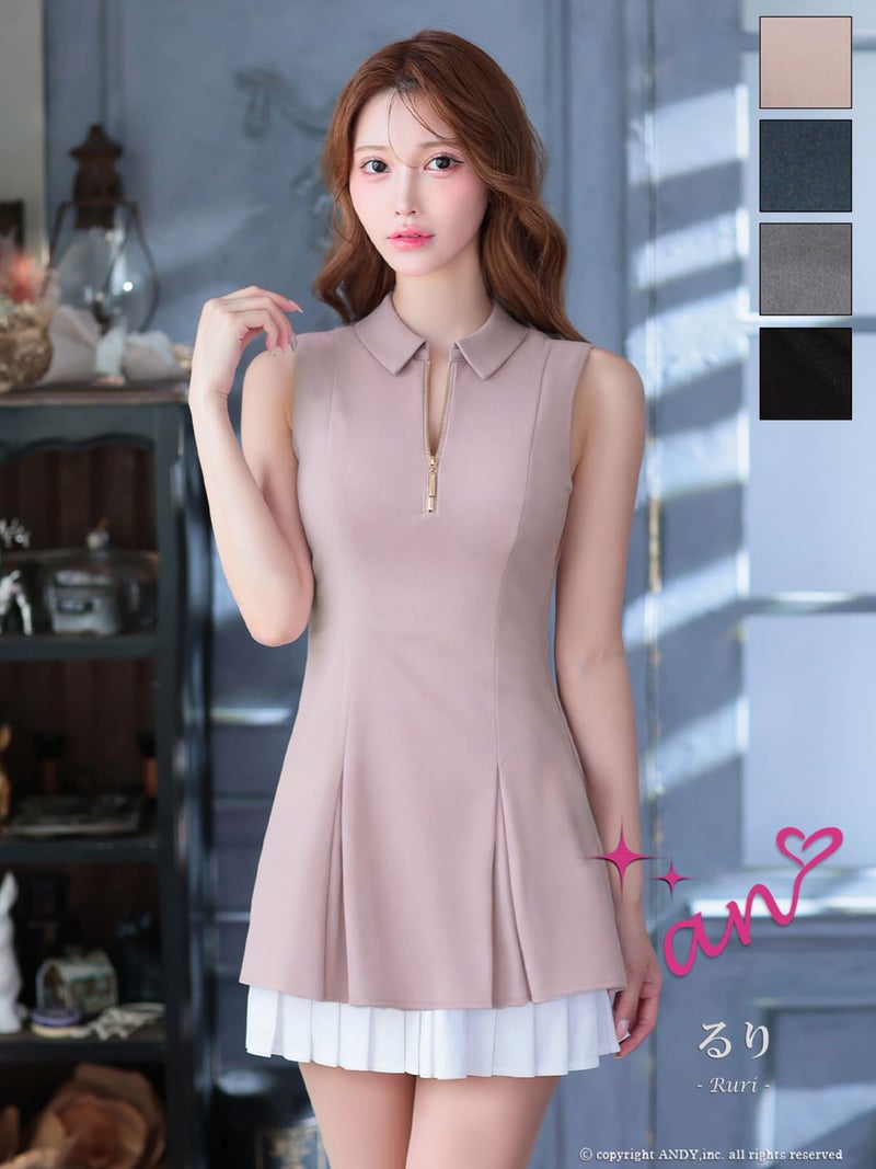 キャバドレス an アン ノースリーブ フレアミニドレス　バストカット　ジップ 襟付き プリーツ