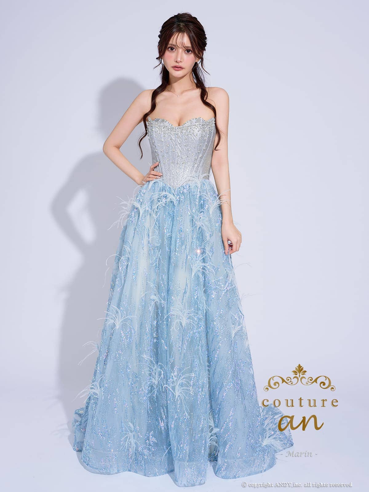 キャバドレス couture an クチュールアン ブランド バースデー Aラインロングドレス ベアトップ ビジュー フェザー ゴージャス