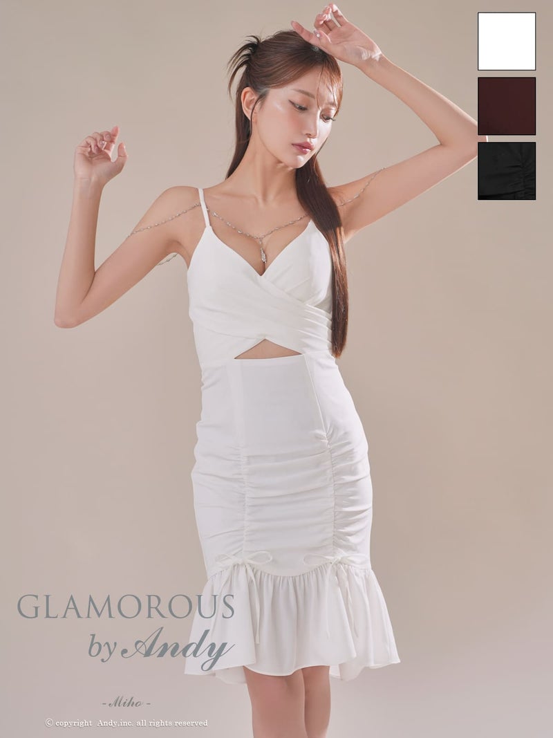 高級 タイト キャミソール 膝丈 谷間 ウエストカット ワンカラー チェーン付き