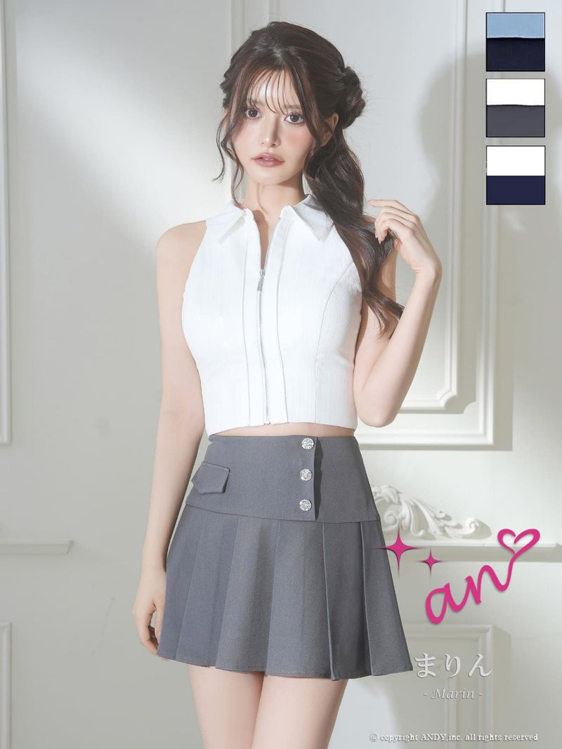 キャバドレス an アン 高級 ノースリーブ フレアミニドレス バストカット ジップ 襟付き セットアップ プリーツ