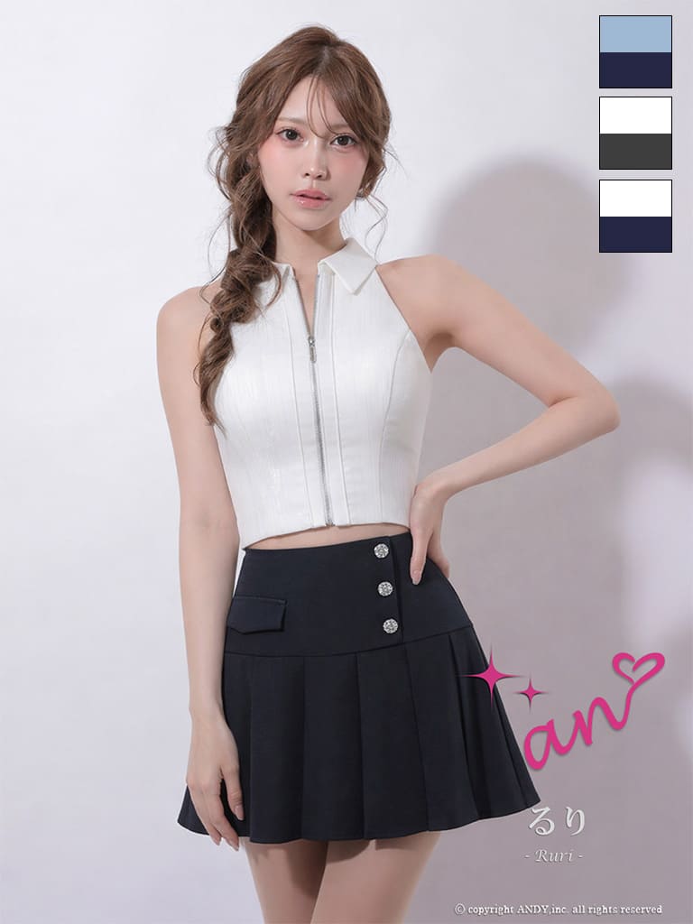 キャバドレス an アン 高級 ノースリーブ フレアミニドレス バストカット ジップ 襟付き セットアップ プリーツ