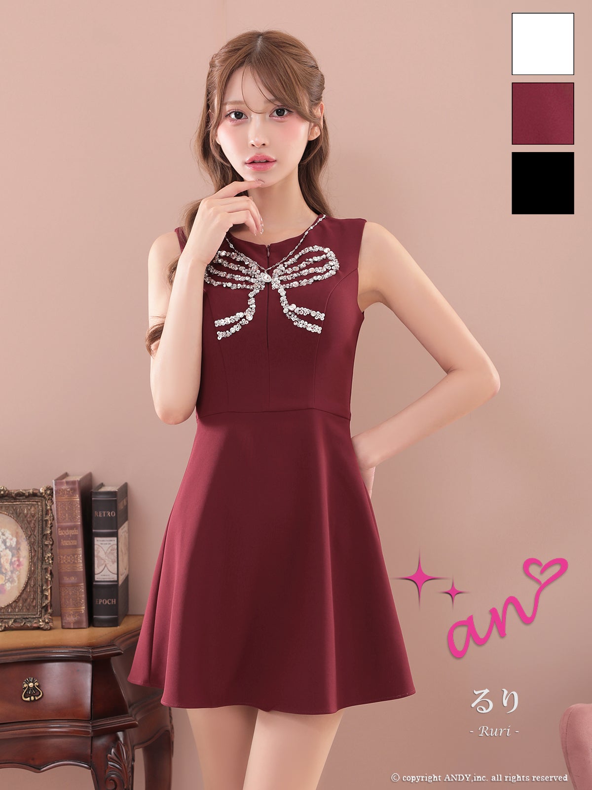 高級 ブランド フレア Aライン ノースリーブリボン ビジュー ワンカラー