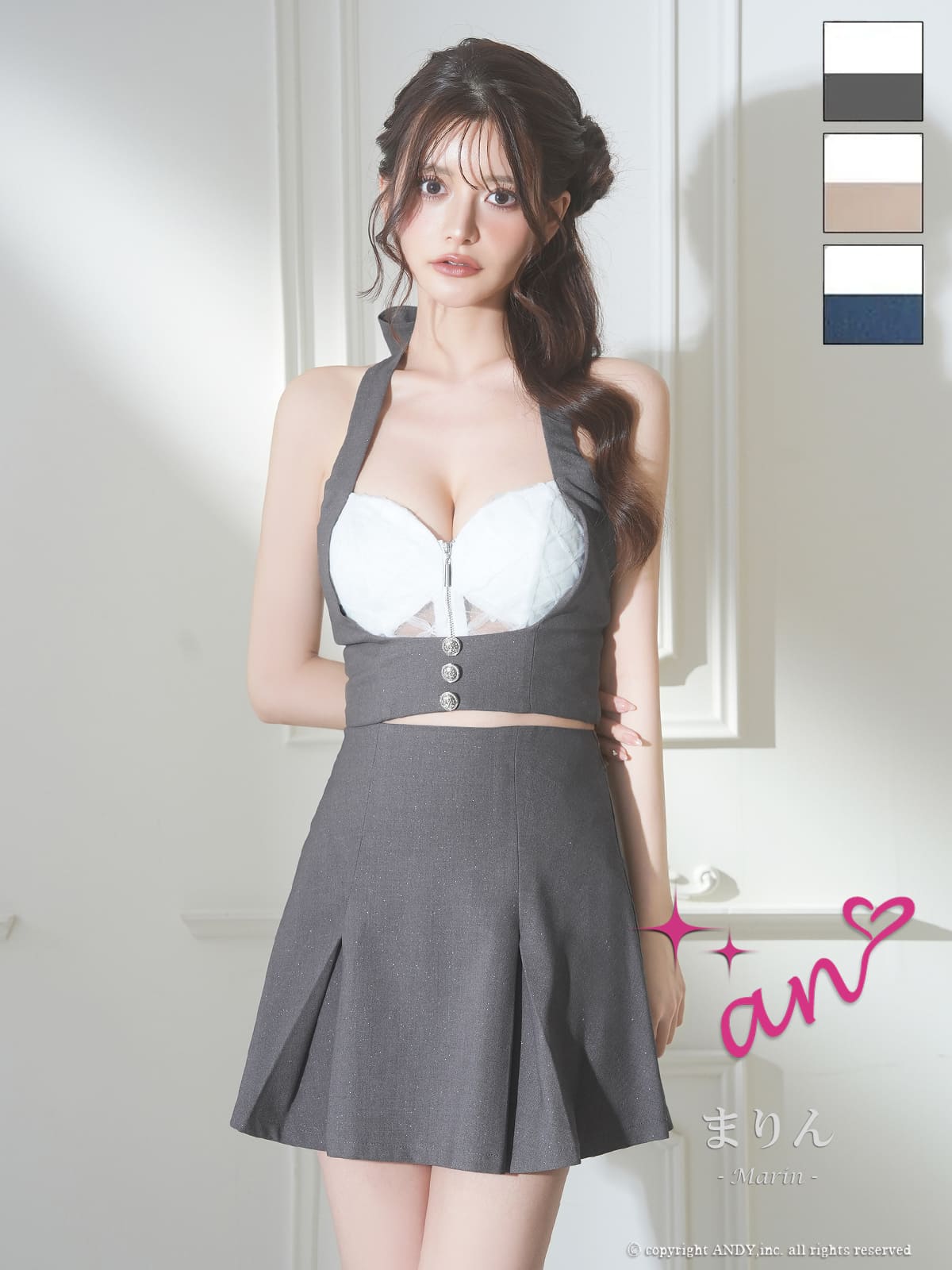 キャバドレス an アン 高級 ホルターネック フレアミニドレス　バストカット　ジップ リボン セットアップ