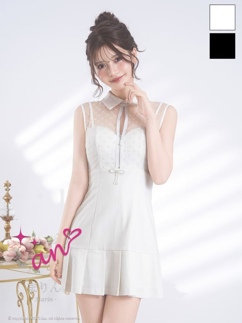 キャバドレス an アン 高級 ノースリーブ フレアミニドレス　バストカット　ジップ リボン 襟付き プリーツ