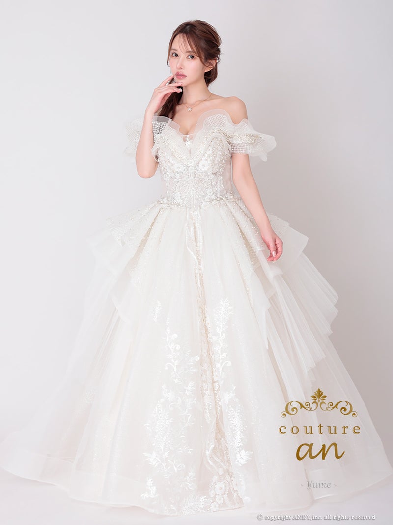 高級 ブランド バースデー Aラインロングドレス ベアトップ チュール レース パール フラワーデザイン ゴージャス