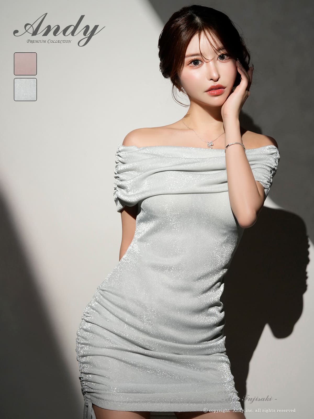 キャバドレス Andy アンディ 高級 オフショルダー タイトミニドレス タック ワンカラー ラメ リボン