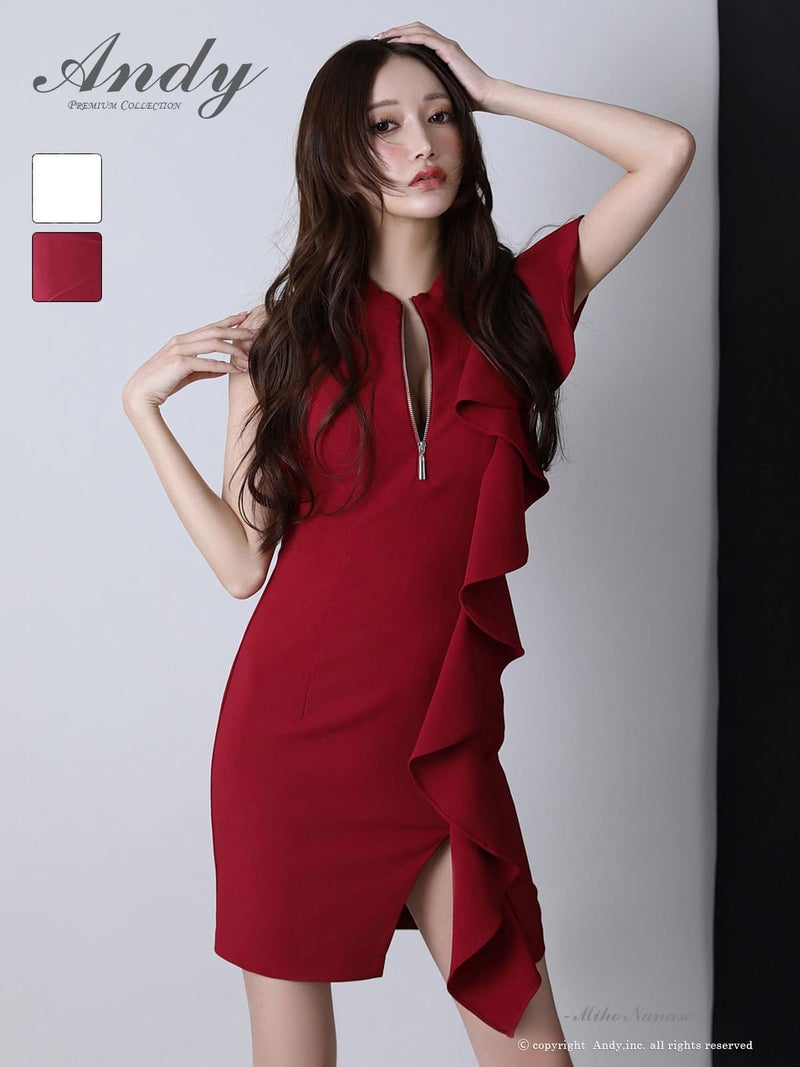 キャバドレス Andy アンディ ノースリーブ タイトミニドレス フリル スリット ジップ バストカット ワンカラー