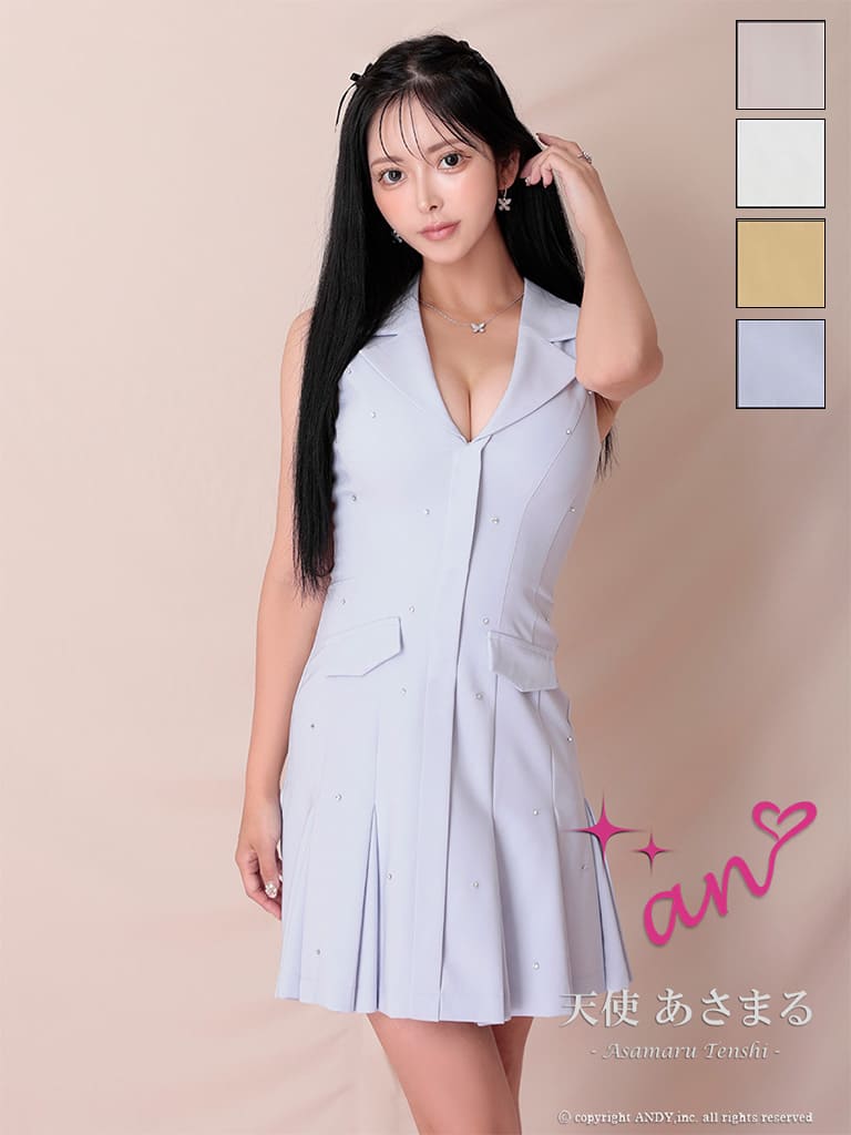 キャバドレス an アン 高級 ノースリーブ フレアミニドレス　バストカット　襟付き ビジュー プリーツ