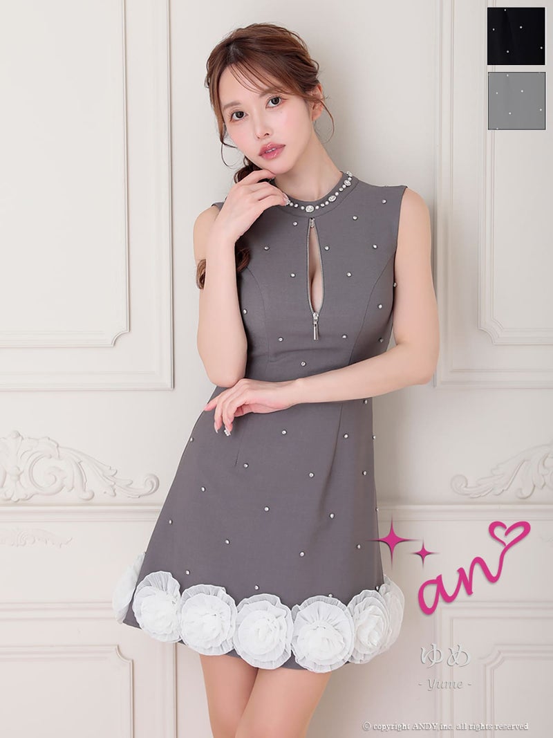 キャバドレス an アン 高級 ノースリーブ フレアミニドレス　バストカット　ジップ ビジュー フラワー