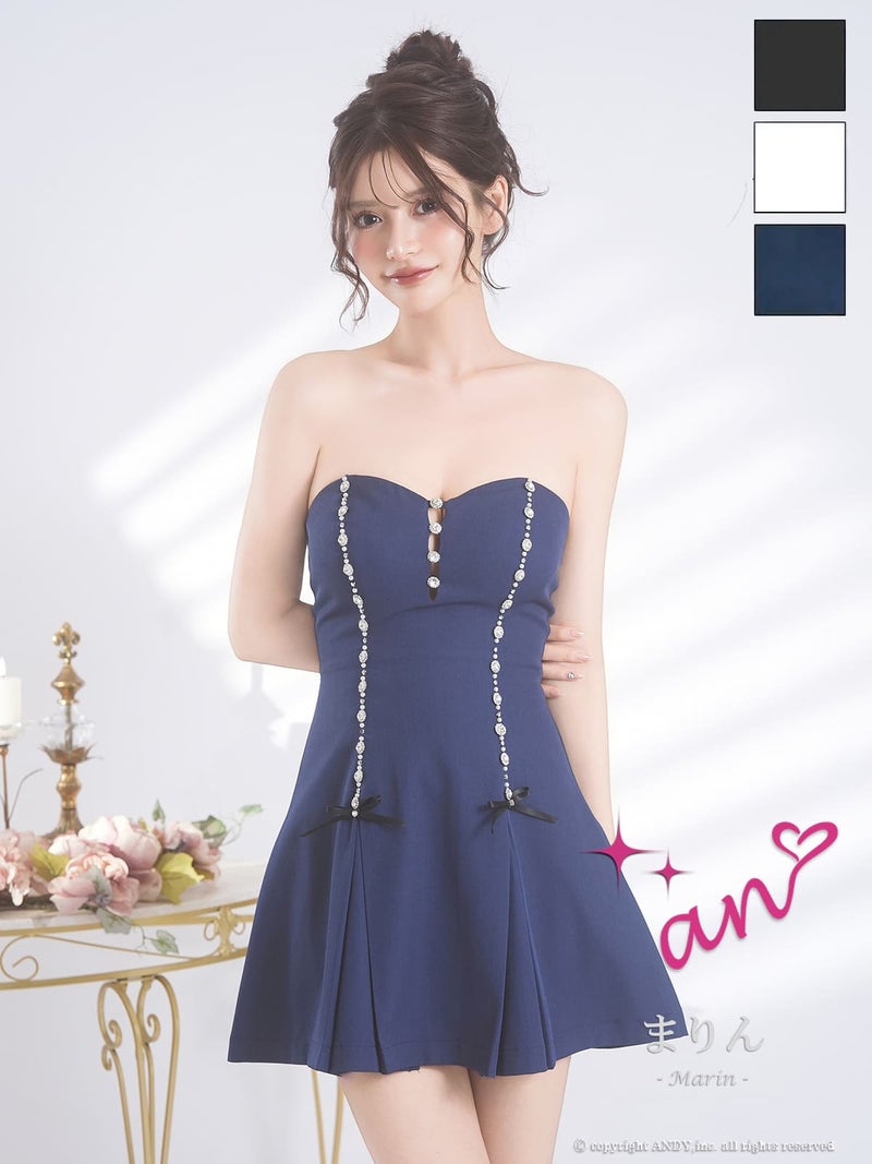 キャバドレス an アン 高級 ノースリーブ フレアミニドレス　バストカット　リボン ビジュー