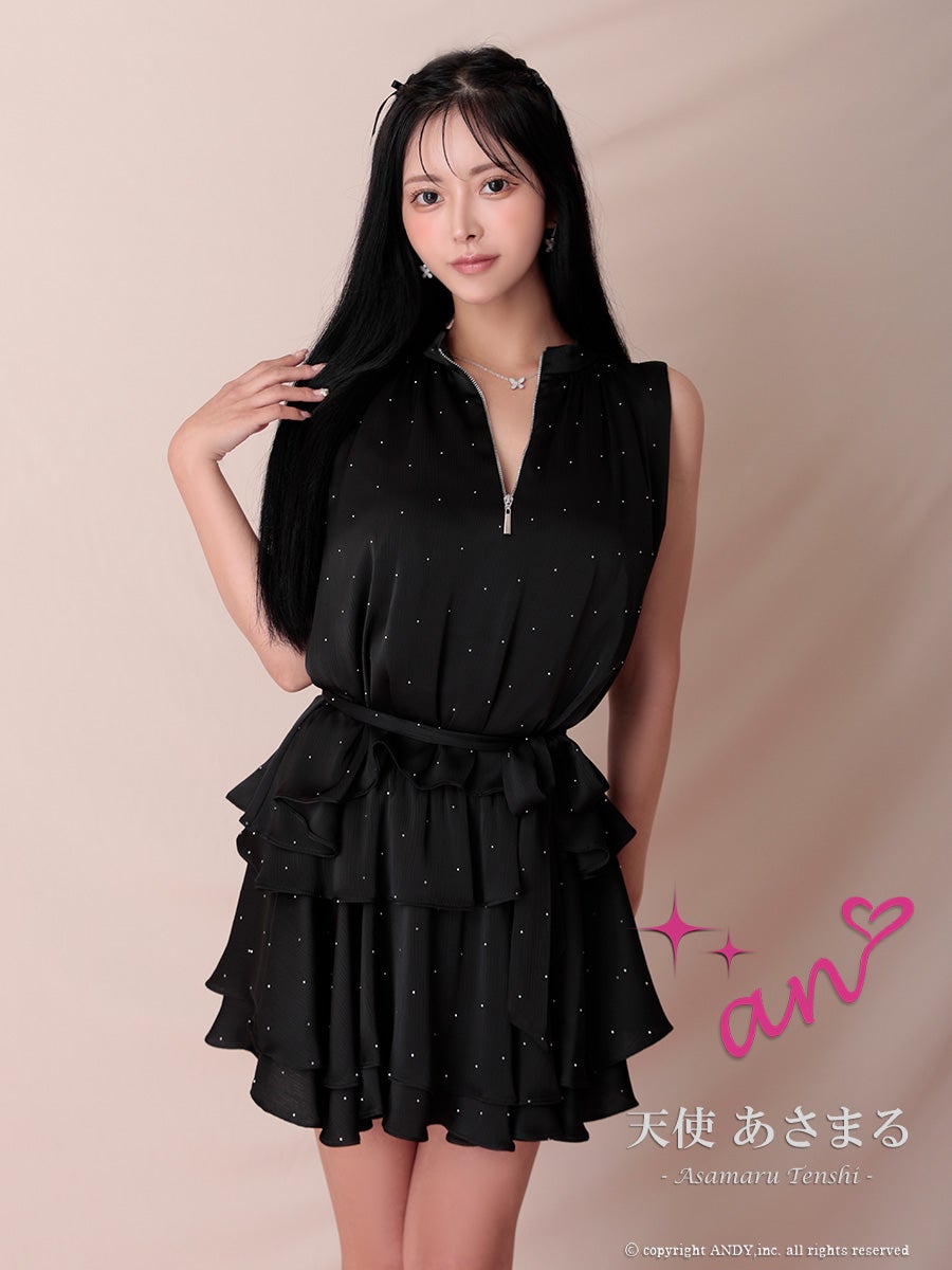 高級 フリル セットアップ ノースリーブ ウエストリボン ジップ ビジュードット