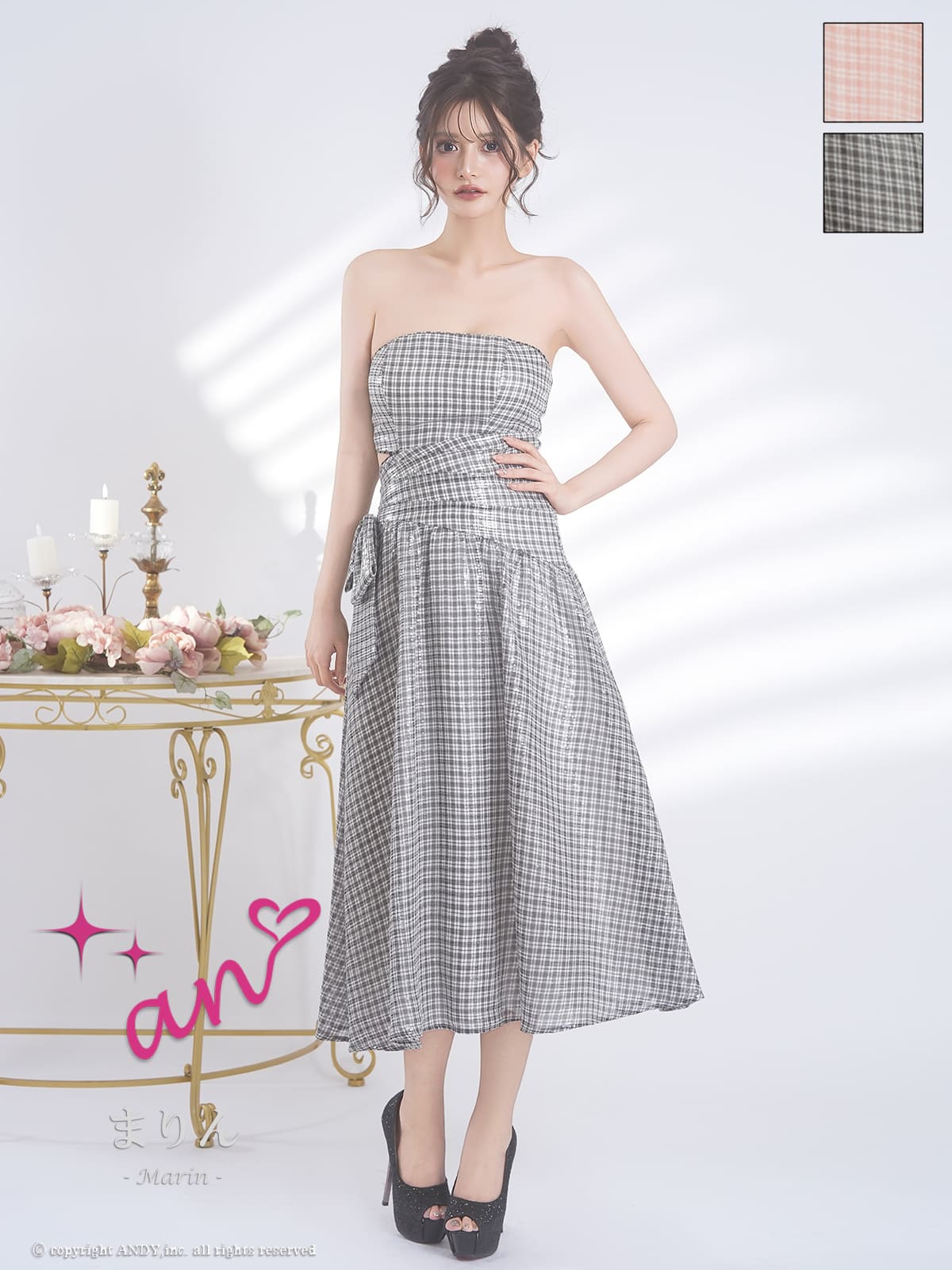 キャバドレス an アン 高級 ノースリーブ フレアロングドレス　ウエストカット チェック柄 ウエストリボン ベアトップ