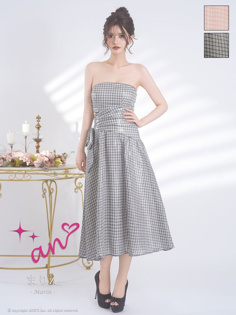 キャバドレス an アン 高級 ノースリーブ フレアロングドレス　ウエストカット チェック柄 ウエストリボン ベアトップ