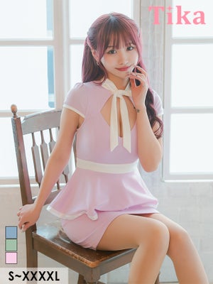 ミニドレス タイト 谷間 大きいサイズ ストレッチ 半袖 ペプラム ネックリボン ブラジャーのまま パイピング バストカット ピンク XL XXL 4L 5L 6L キャバドレス  (重川茉弥着用) [tk-md1283-hb]