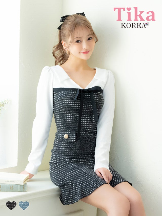 キャバドレス ミニ丈 韓国 ミニドレス ワンピース 韓国 長袖 袖あり ニット 裾フリル ワンピ