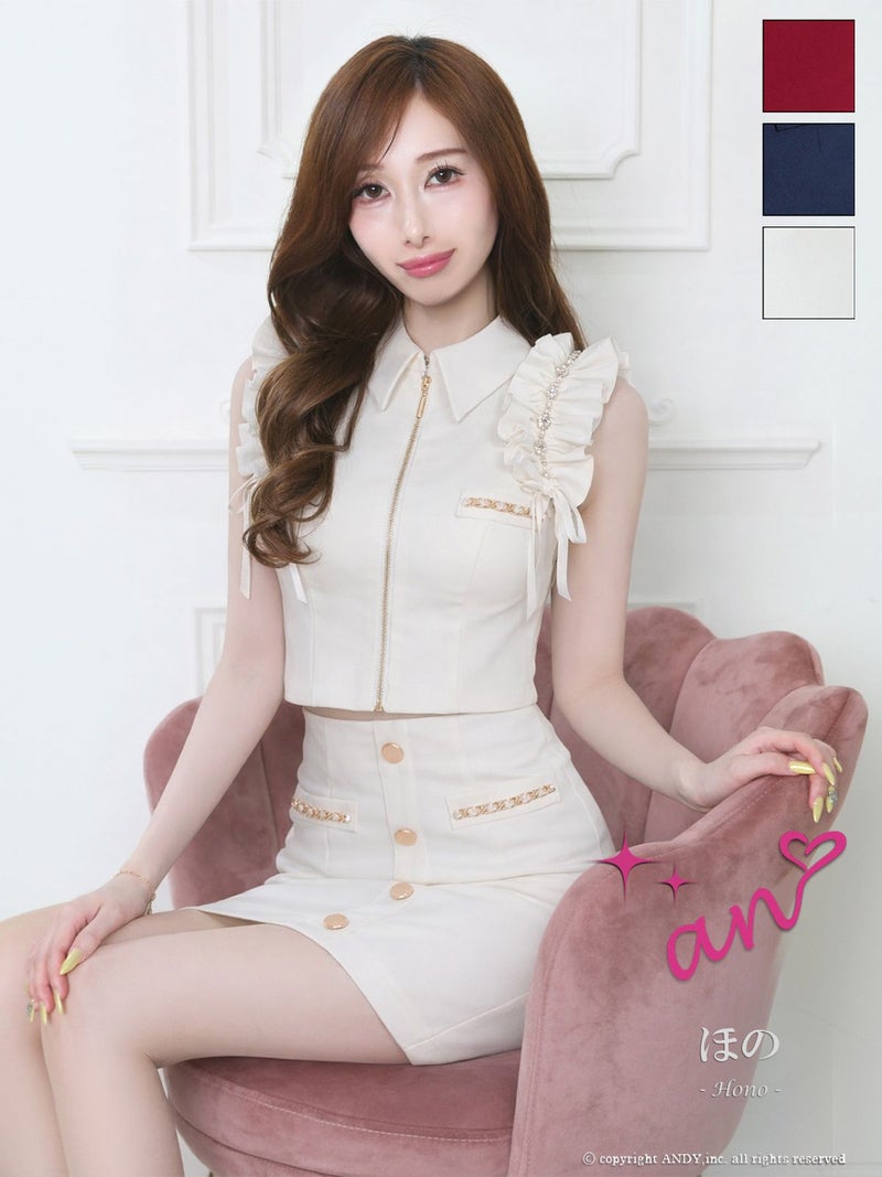 キャバドレス an アン　高級 ブランド ミニドレス セットアップ ビジュー ジップ ノースリーブ 襟付き タイト