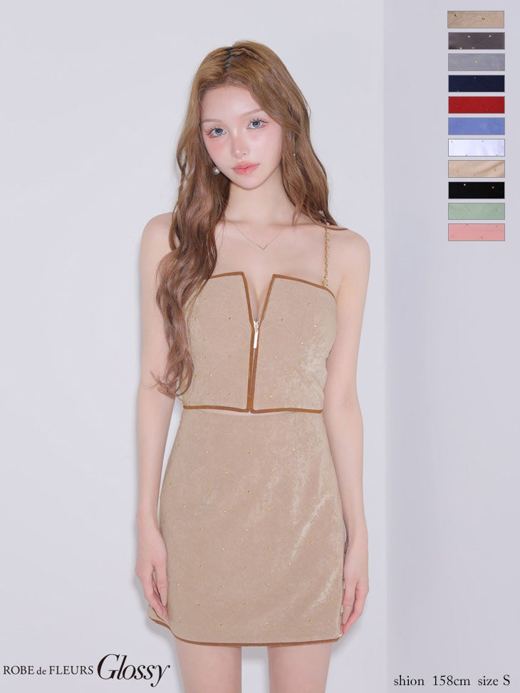 キャバドレス ミニドレス ROBEdeFLEURSGlossy ローブドフルールグロッシー 高級 ブランド タイトミニドレス セットアップ チェーン キャミソール キルティング ジップ スタッズ