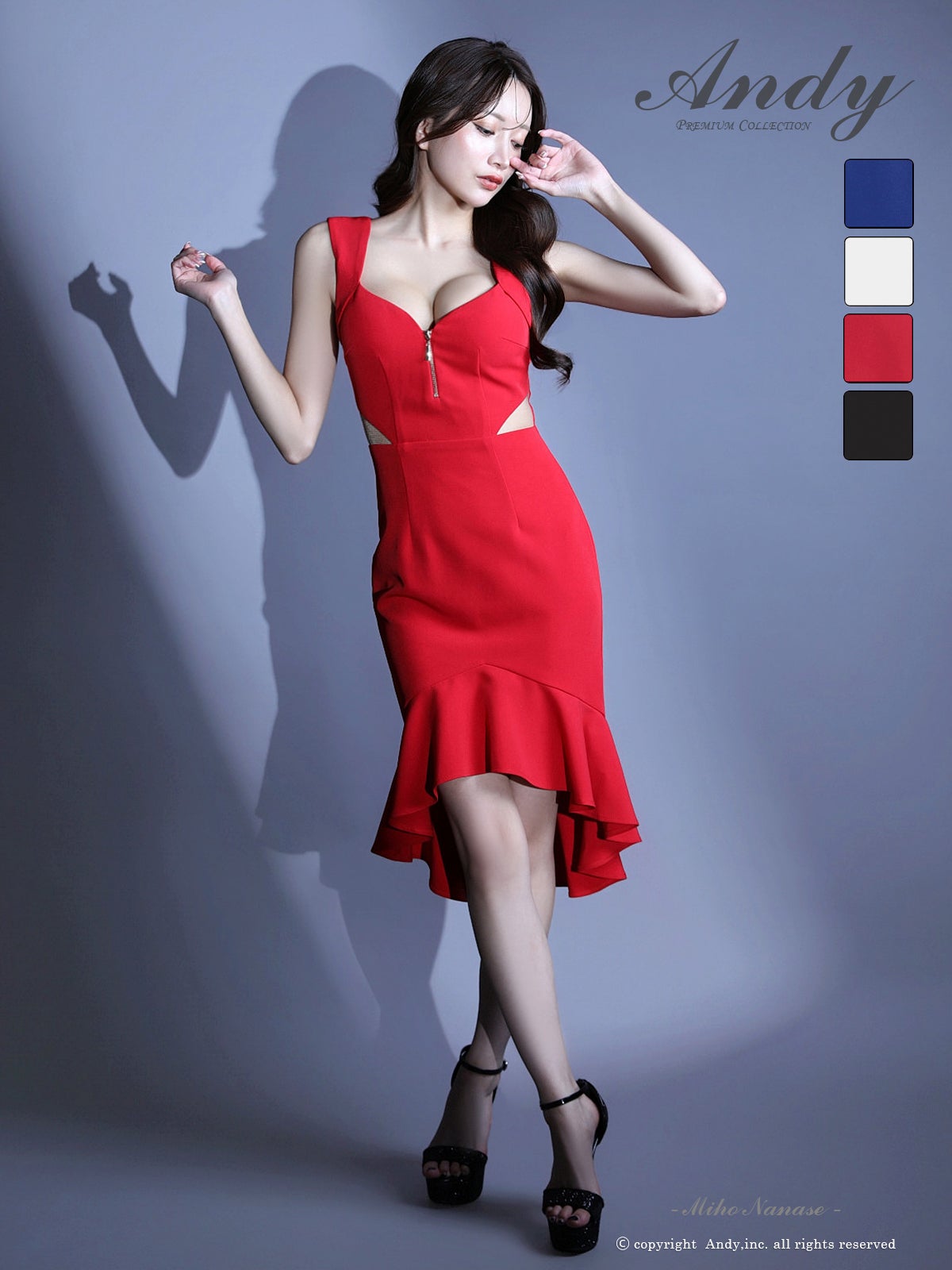 高級 ブランド ロングテール ノースリーブ ウエストカット フレア ジップ 谷間 くびれ マーメイド ワンカラー