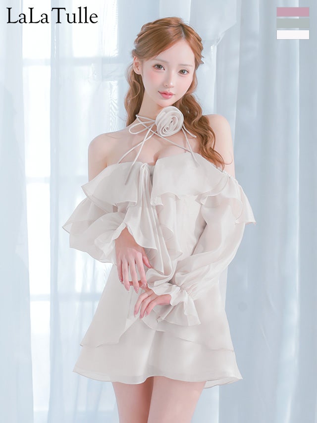 予約商品【8月中旬入荷予定】[Angel-R/エンジェルアール] 高級 ブランド フレアミニドレス オフショルダー 長袖 フリル ネックストラップ (れむ着用)