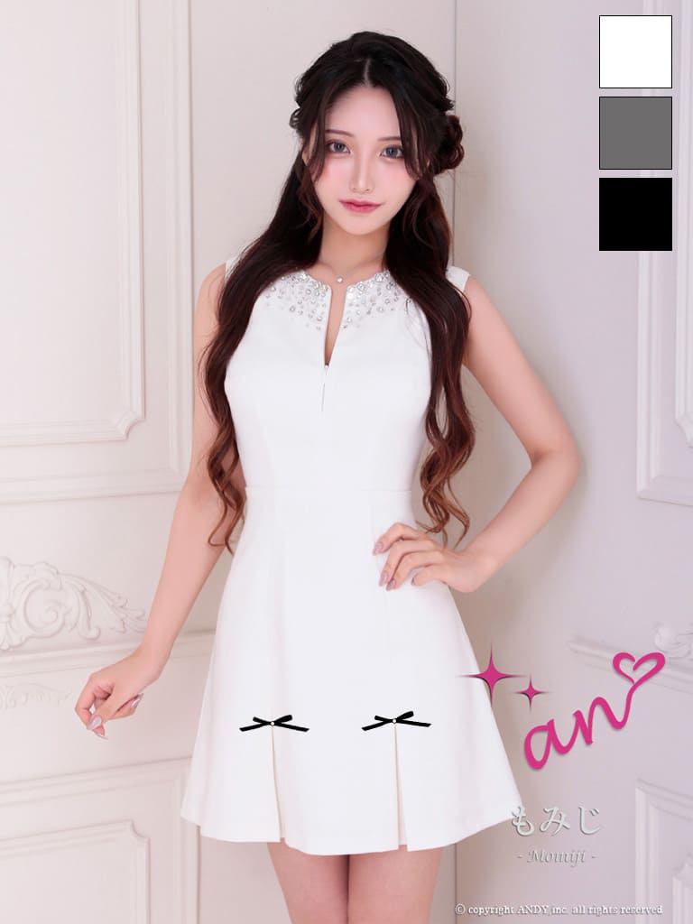 キャバドレス an アン 高級 ノースリーブ フレアミニドレス ジップ ビジュー リボン 背中魅せ