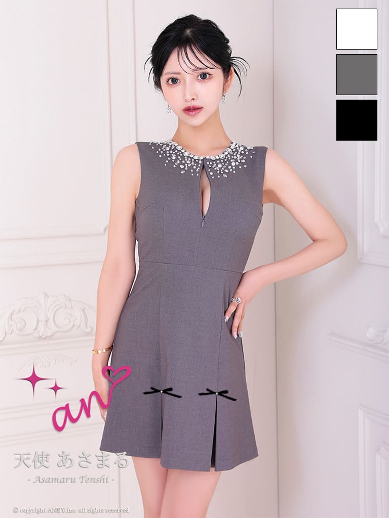 キャバドレス an アン 高級 ノースリーブ フレアミニドレス ジップ ビジュー リボン 背中魅せ
