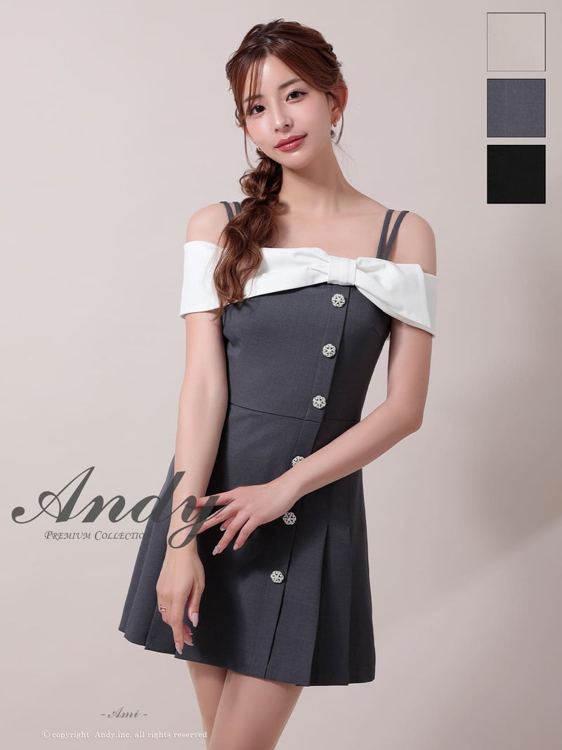 キャバドレス Andy アンディ 高級 オフショルダー フレアミニドレス プリーツ 襟付き リボン