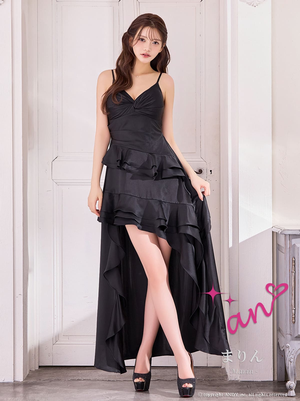 キャバドレス an アン 高級 キャミソール 膝丈ドレス ロングテール バストカット フリル タック