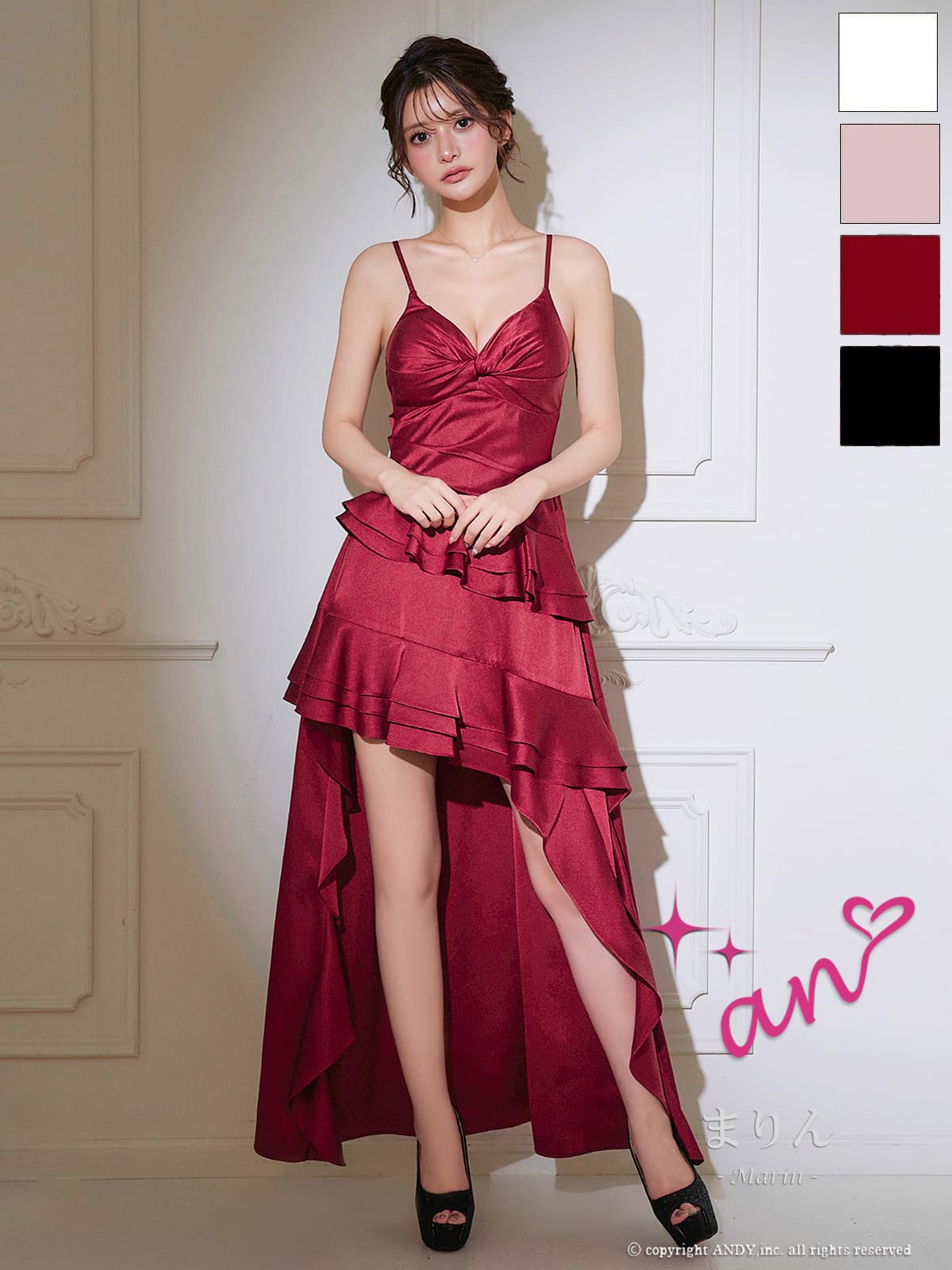 キャバドレス an アン 高級 キャミソール 膝丈ドレス ロングテール バストカット フリル タック