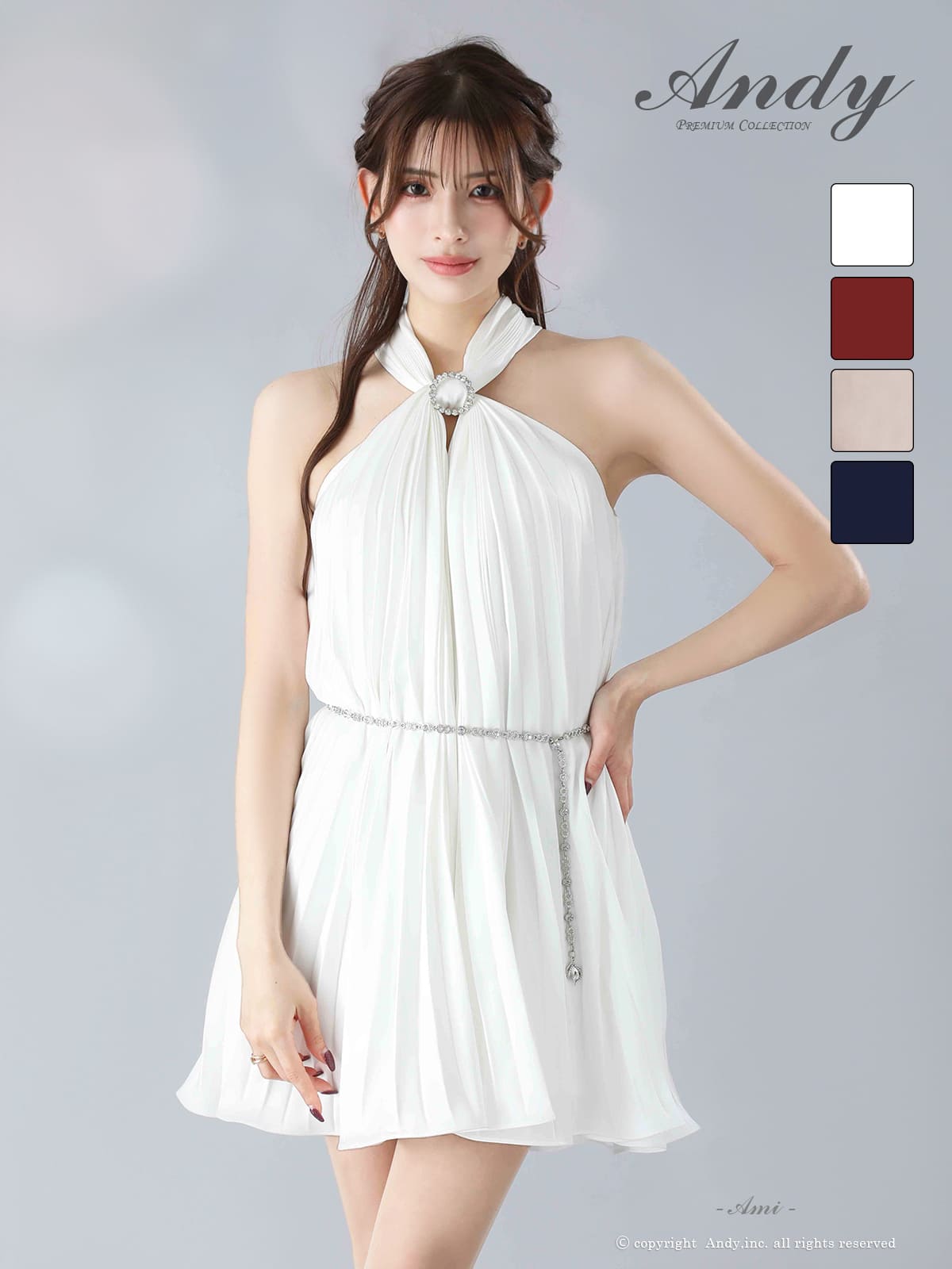 キャバドレス Andy アンディ 高級 ホルターネック フレアミニドレス ウエストベルト シフォン