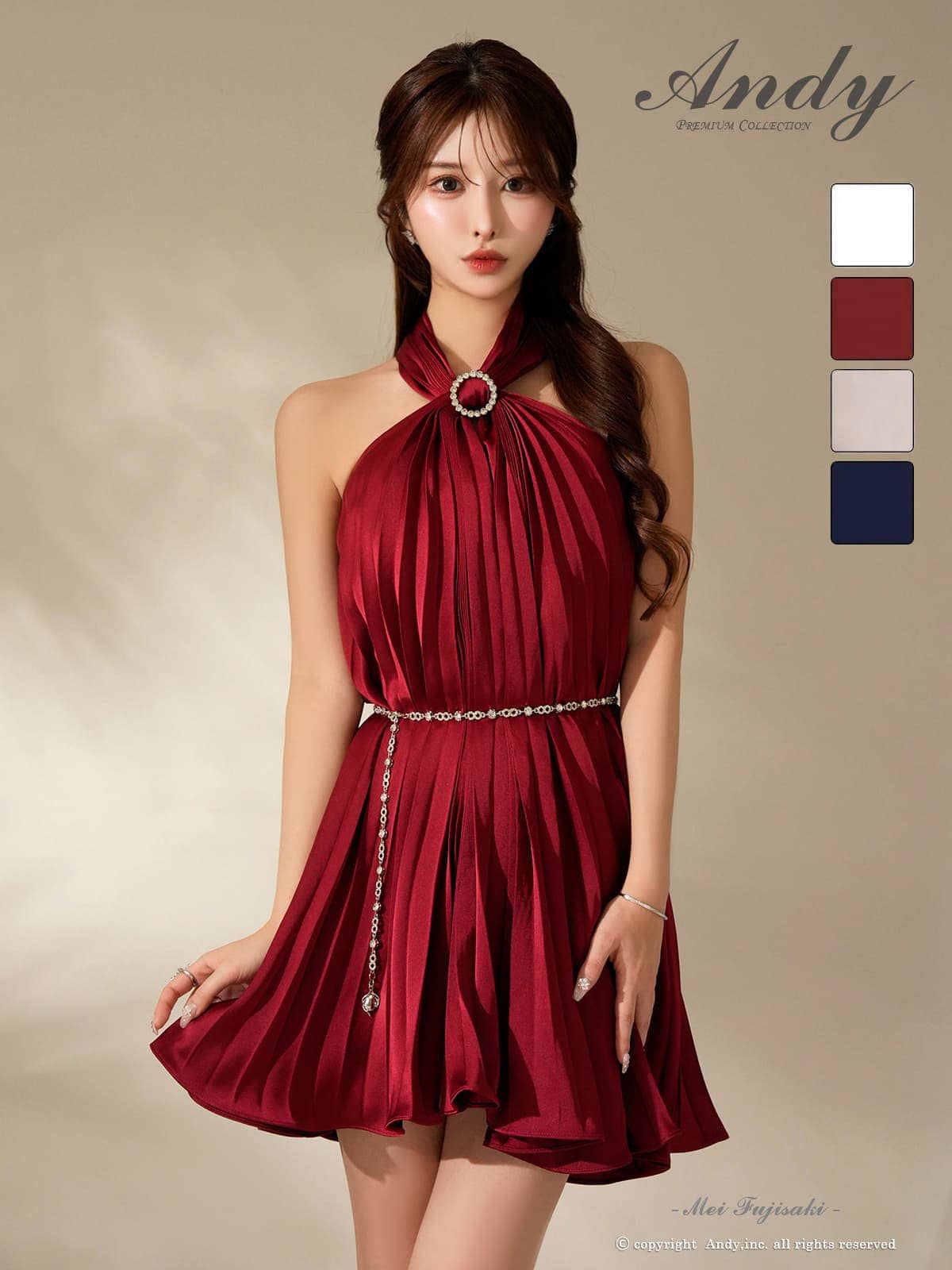 キャバドレス Andy アンディ 高級 ホルターネック フレアミニドレス ウエストベルト シフォン