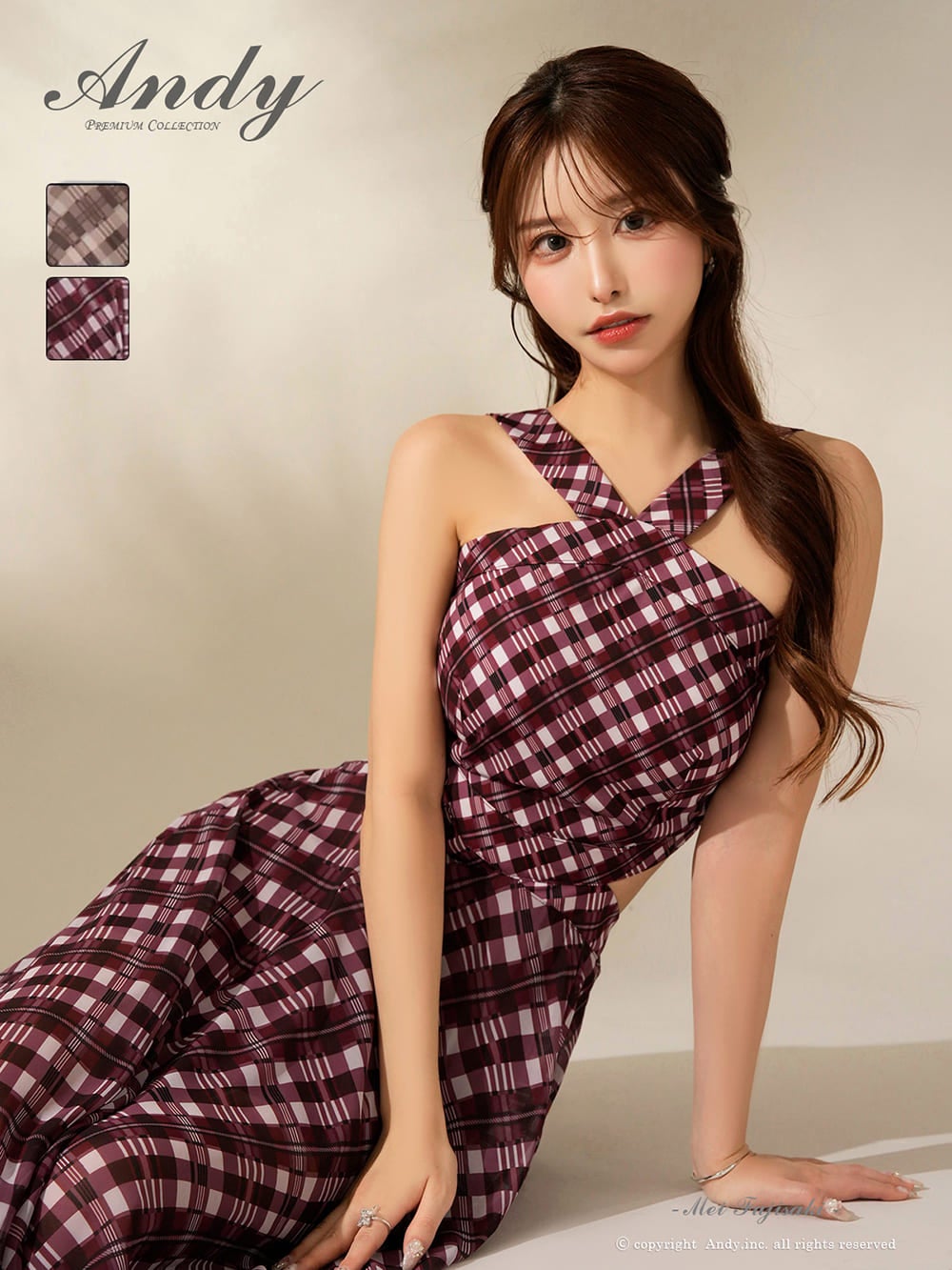 キャバドレス Andy アンディ 高級 ノースリーブ Aラインロングドレス　ジップ くびれ クロスネック チェック柄