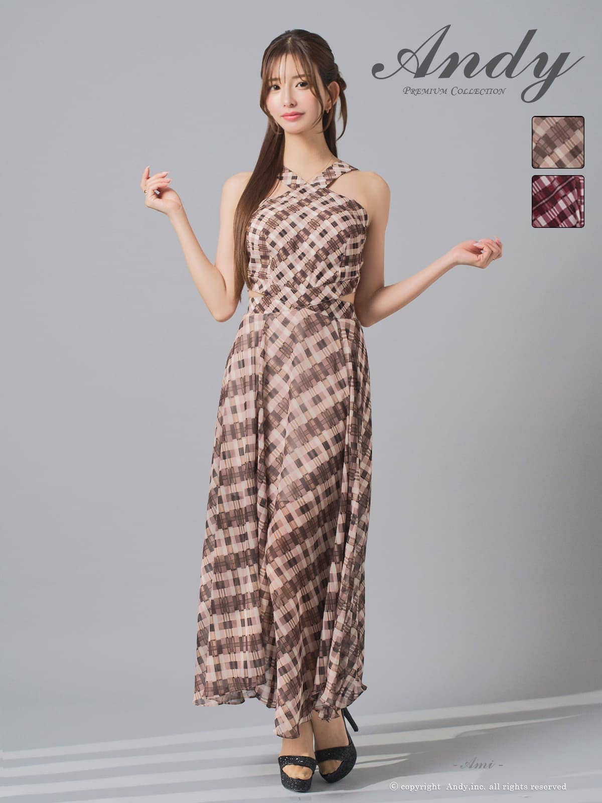 キャバドレス Andy アンディ 高級 ノースリーブ Aラインロングドレス　ジップ くびれ クロスネック チェック柄