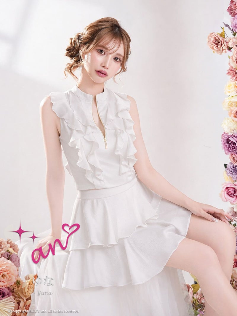 キャバドレス an アン 高級 ノースリーブ フレアミニドレス　バストカット ジップ フリル セットアップ