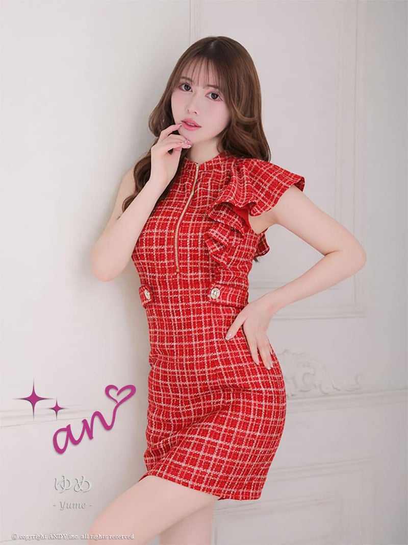 キャバドレス an アン 高級 チェック柄 ジップデザイン フリルショルダー ノースリーブ タイトミニドレス