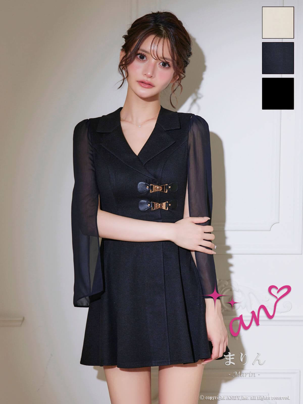 キャバドレス an アン 高級 ノースリーブ フレアミニドレス 襟付き プリーツ 2way 袖取り外し可能