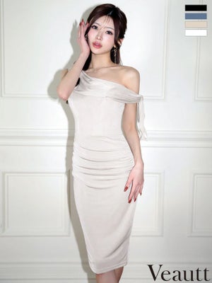 予約商品【4月下旬入荷予定】[Veautt/ヴュート] 高級 ブランド タイト膝丈ドレス ワンショルダー ドレープ ショルダーリボン ビジュー タック