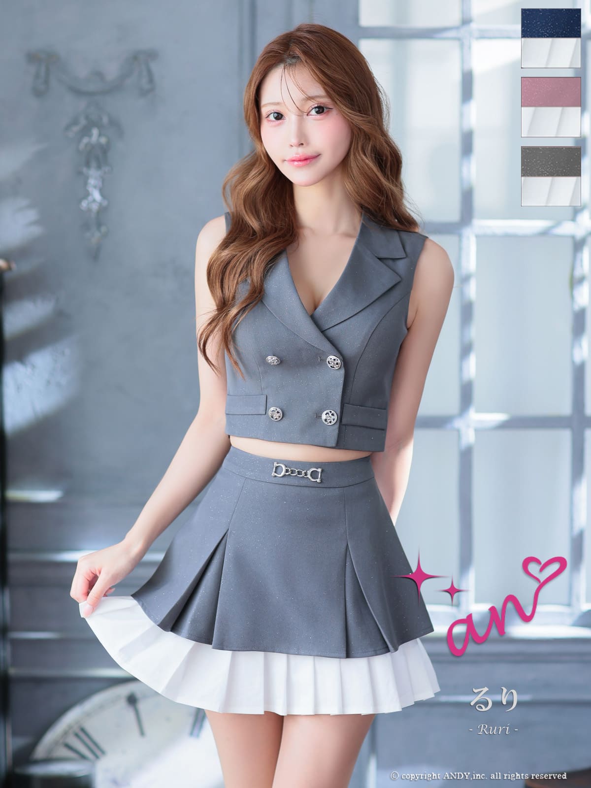 キャバドレス an アン 高級 ノースリーブ ビジュー ２段プリーツ セットアップ フレアミニドレス