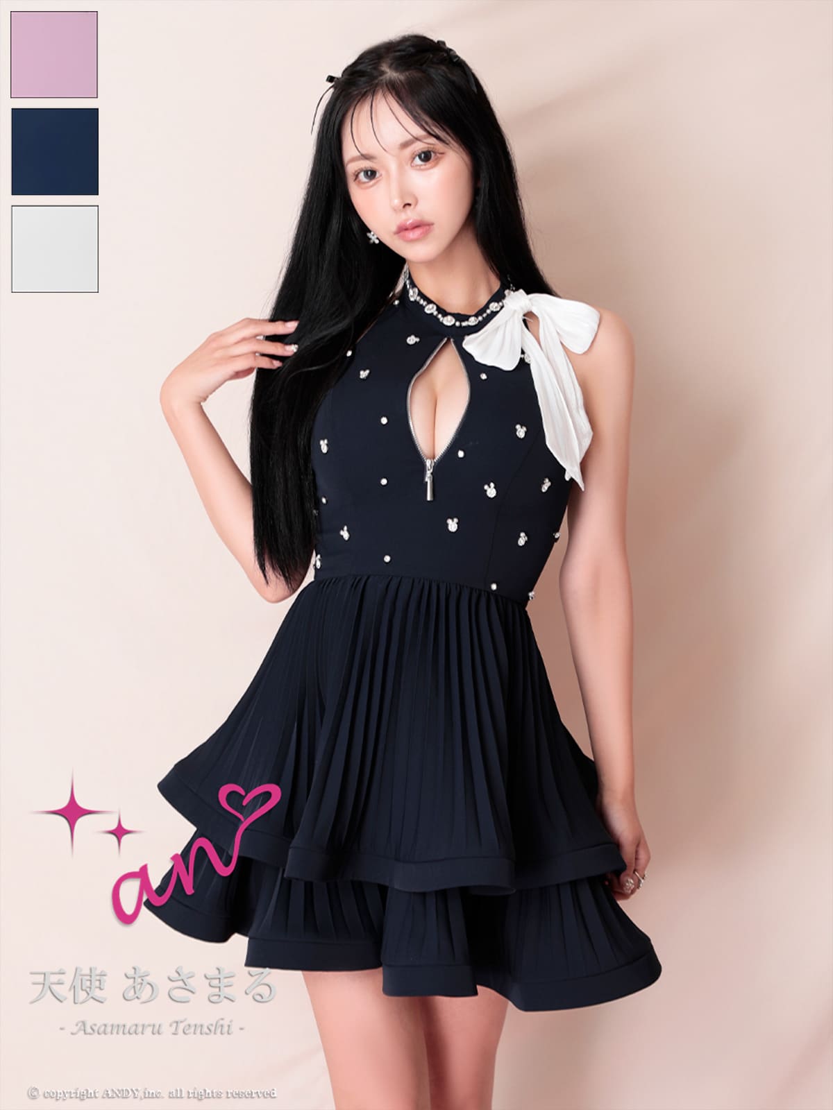 キャバドレス an アン 高級 ホルターネック バストジップ リボン ビジュー ティアード フレアミニドレス