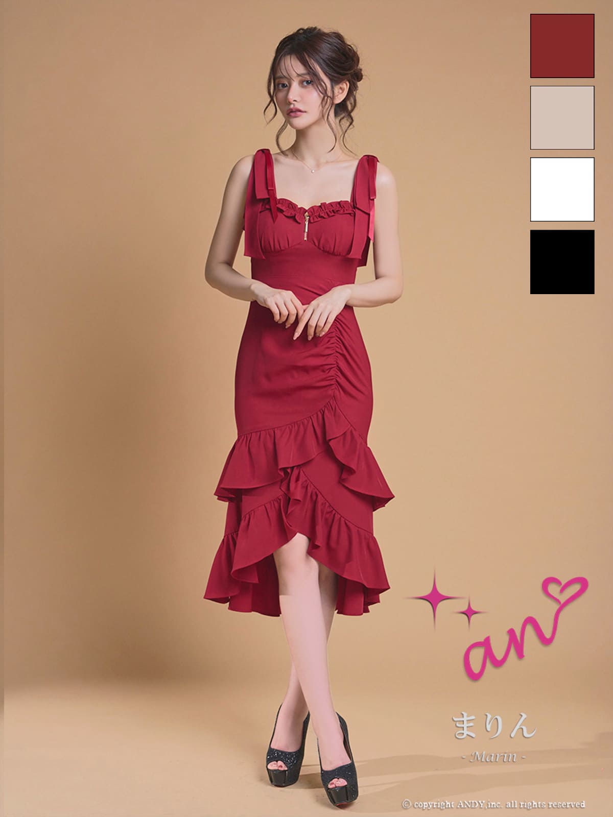 キャバドレス an アン 高級 ノースリーブ 膝丈ドレス ジップ フリル リボン ロングテール タイト