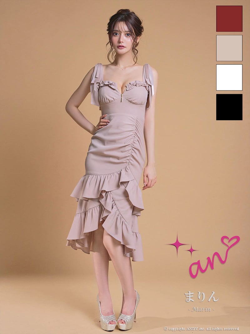 キャバドレス an アン 高級 ノースリーブ 膝丈ドレス ジップ フリル リボン ロングテール タイト